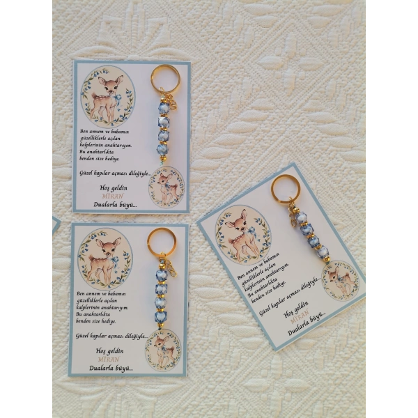 24 Adet Geyik Model Özel Tasarım Mavi Anahtarlık Hastane Yeni Doğan 40 Mevlidi Hediyelik