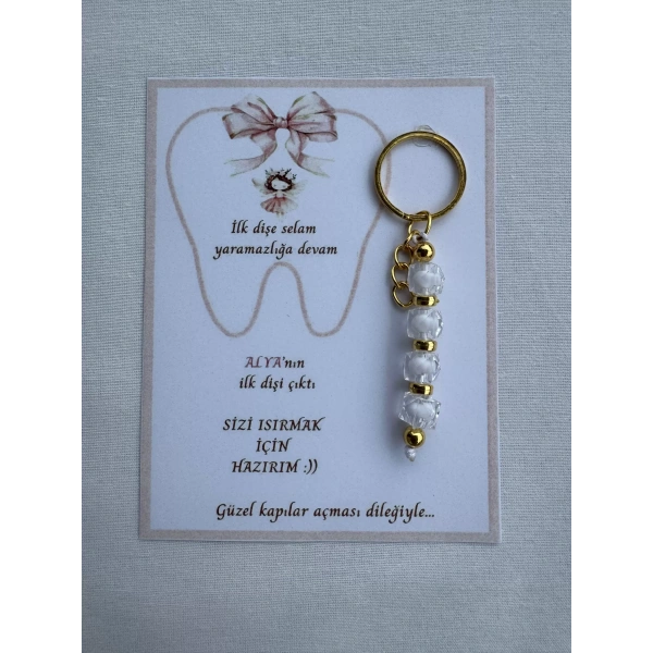100 Adet Beyaz Renk İsme Özel İlk Dişim Çıktı Diş Partisi Diş Buğdayı Hatırası Hediyelik Anahtarlık