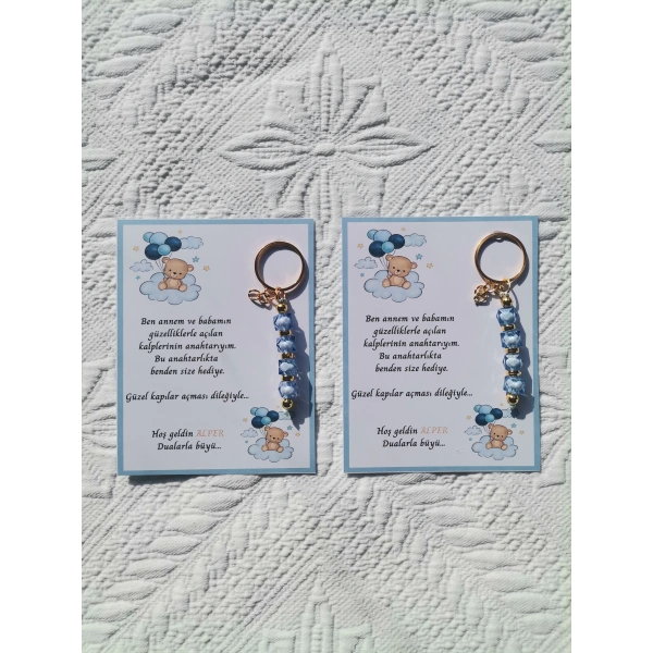 48 Adet İsme Özel Tasarım Mavi Anahtarlık Hastane Yeni Doğan 40 Mevlidi Dağıtmalık Hediyelik