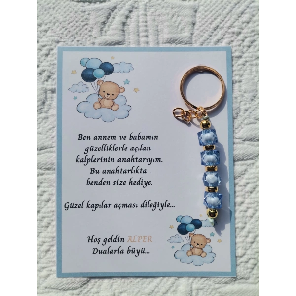 48 Adet İsme Özel Tasarım Mavi Anahtarlık Hastane Yeni Doğan 40 Mevlidi Dağıtmalık Hediyelik