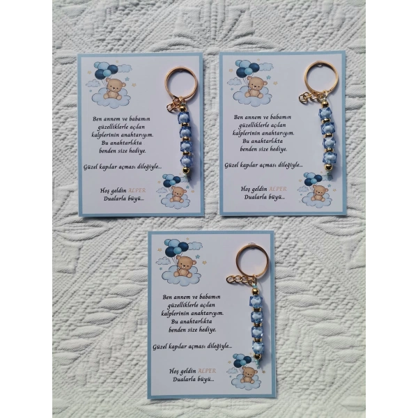 48 Adet İsme Özel Tasarım Mavi Anahtarlık Hastane Yeni Doğan 40 Mevlidi Dağıtmalık Hediyelik