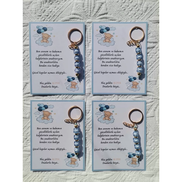 48 Adet İsme Özel Tasarım Mavi Anahtarlık Hastane Yeni Doğan 40 Mevlidi Dağıtmalık Hediyelik