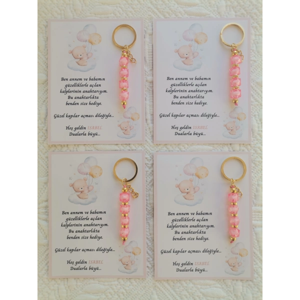 100 Adet İsme Özel Tasarım Pembe Anahtarlık Hastane Yeni Doğan 40 Mevlidi Dağıtmalık Hediyelik