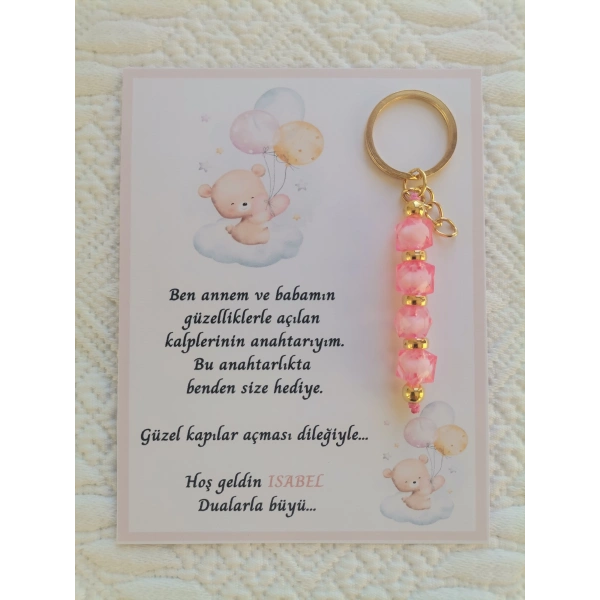 100 Adet İsme Özel Tasarım Pembe Anahtarlık Hastane Yeni Doğan 40 Mevlidi Dağıtmalık Hediyelik