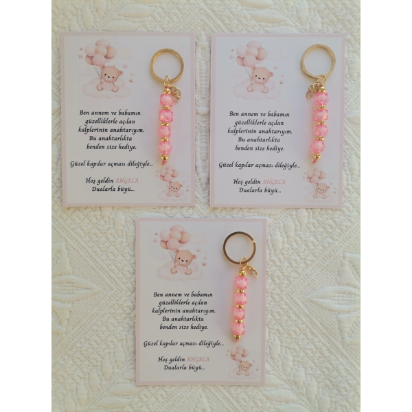 100 Adet İsme Özel Tasarım Pembe Anahtarlık Hastane Yeni Doğan 40 Mevlidi Dağıtmalık Hediyelik