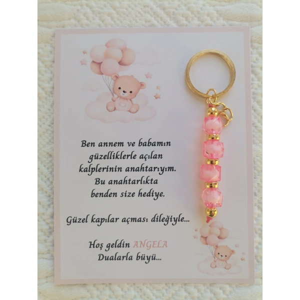 100 Adet İsme Özel Tasarım Pembe Anahtarlık Hastane Yeni Doğan 40 Mevlidi Dağıtmalık Hediyelik