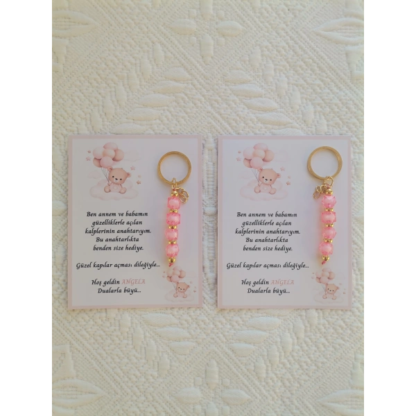 100 Adet İsme Özel Tasarım Pembe Anahtarlık Hastane Yeni Doğan 40 Mevlidi Dağıtmalık Hediyelik