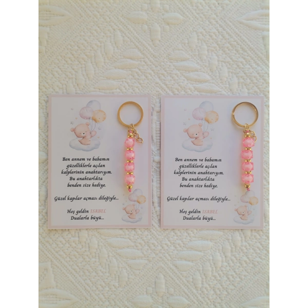 100 Adet İsme Özel Tasarım Pembe Anahtarlık Hastane Yeni Doğan 40 Mevlidi Dağıtmalık Hediyelik