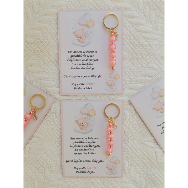 100 Adet İsme Özel Tasarım Pembe Anahtarlık Hastane Yeni Doğan 40 Mevlidi Dağıtmalık Hediyelik
