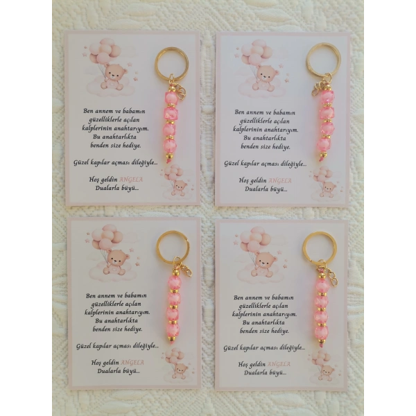 100 Adet İsme Özel Tasarım Pembe Anahtarlık Hastane Yeni Doğan 40 Mevlidi Dağıtmalık Hediyelik