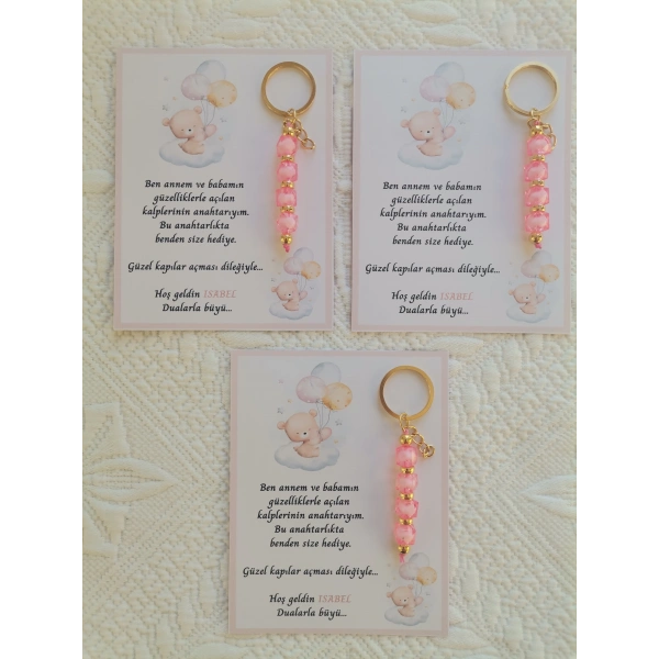 100 Adet İsme Özel Tasarım Pembe Anahtarlık Hastane Yeni Doğan 40 Mevlidi Dağıtmalık Hediyelik