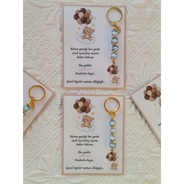 24 Adet Kahverenk Ayıcık Model Özel Tasarım Mavi Anahtarlık Hastane Yeni Doğan 40 Mevlidi Hediyelik