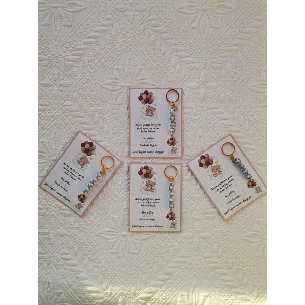 24 Adet Kahverenk Ayıcık Model Özel Tasarım Mavi Anahtarlık Hastane Yeni Doğan 40 Mevlidi Hediyelik
