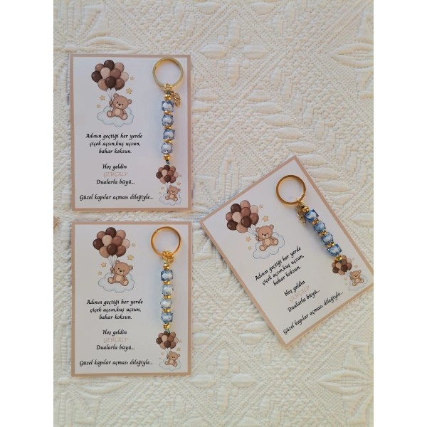 24 Adet Kahverenk Ayıcık Model Özel Tasarım Mavi Anahtarlık Hastane Yeni Doğan 40 Mevlidi Hediyelik