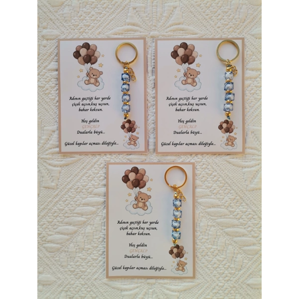 24 Adet Kahverenk Ayıcık Model Özel Tasarım Mavi Anahtarlık Hastane Yeni Doğan 40 Mevlidi Hediyelik