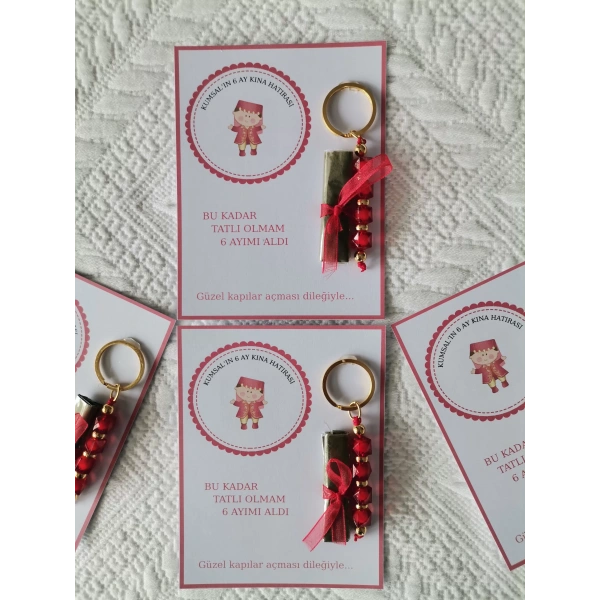 72 Adet Kişiye Özel 6 Ay Kına Hatırası Kırmızı Anahtarlık ve Paketlenmiş Kına Dağıtmalık Hediyelik