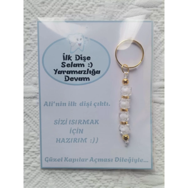 100 Adet Kişiye Özel İlk Dişim Çıktı,Diş Mevlidi, Diş Buğdayı Dağıtmalık Beyaz Anahtarlık Hediyelik