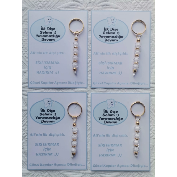 100 Adet Kişiye Özel İlk Dişim Çıktı,Diş Mevlidi, Diş Buğdayı Dağıtmalık Beyaz Anahtarlık Hediyelik