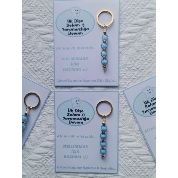 100 Adet Kişiye Özel İlk Dişim Çıktı,Diş Mevlidi, Diş Buğdayı Dağıtmalık Mavi Anahtarlık Hediyelik