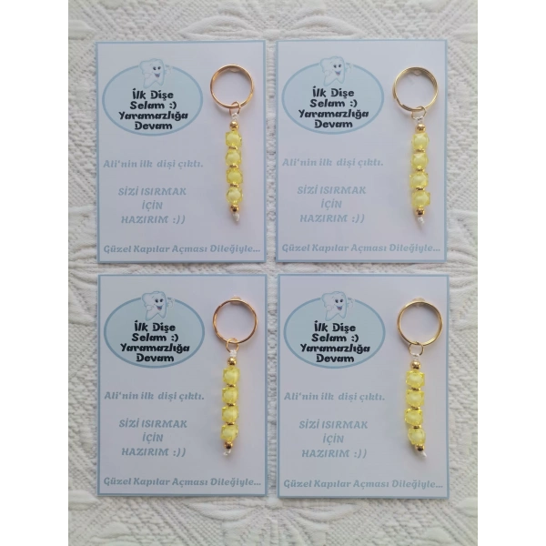 100 Adet Kişiye Özel İlk Dişim Çıktı,Diş Mevlidi, Diş Buğdayı Dağıtmalık Sarı Anahtarlık Hediyelik