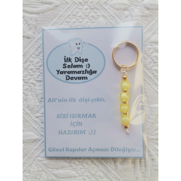 100 Adet Kişiye Özel İlk Dişim Çıktı,Diş Mevlidi, Diş Buğdayı Dağıtmalık Sarı Anahtarlık Hediyelik
