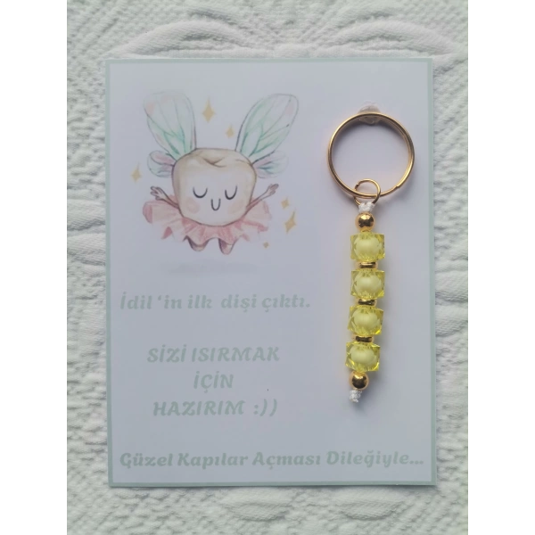 100 Adet İlk Dişim Çıktı,Sizi Isırmak İçin Hazırım Yazılı Dağıtmalık Sarı Anahtarlık Hediyelik
