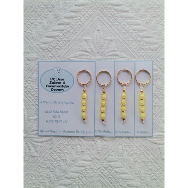 100 Adet Kişiye Özel İlk Dişim Çıktı,Diş Mevlidi, Diş Buğdayı Dağıtmalık Sarı Anahtarlık Hediyelik