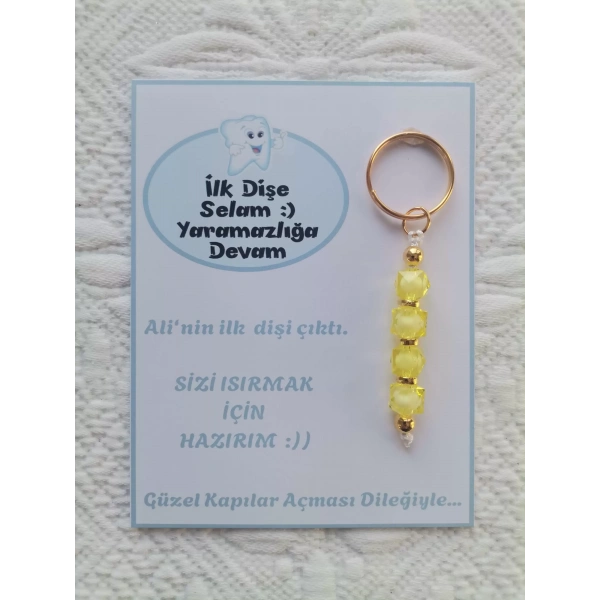 100 Adet Kişiye Özel İlk Dişim Çıktı,Diş Mevlidi, Diş Buğdayı Dağıtmalık Sarı Anahtarlık Hediyelik