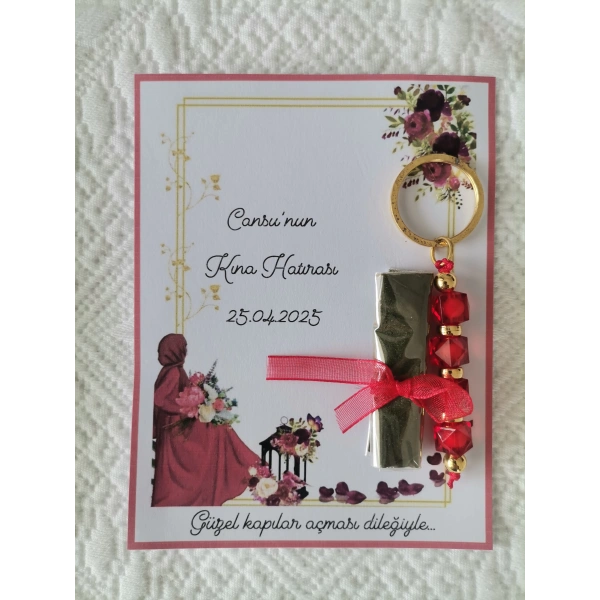 100 Adet Kişiye Özel Kına Hatırası Kırmızı Anahtarlık ve Paketlenmiş Kına Dağıtmalık Hediyelik