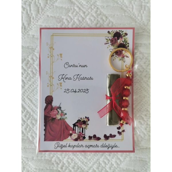 100 Adet Kişiye Özel Kına Hatırası Kırmızı Anahtarlık ve Paketlenmiş Kına Dağıtmalık Hediyelik