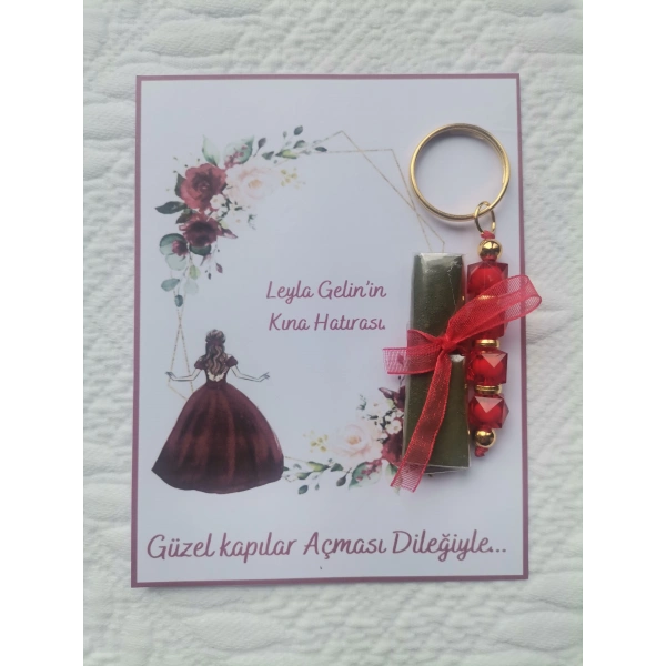 24 Adet Kişiye Özel Kına Hatırası Kırmızı Anahtarlık ve Paketlenmiş Kına Dağıtmalık Hediyelik
