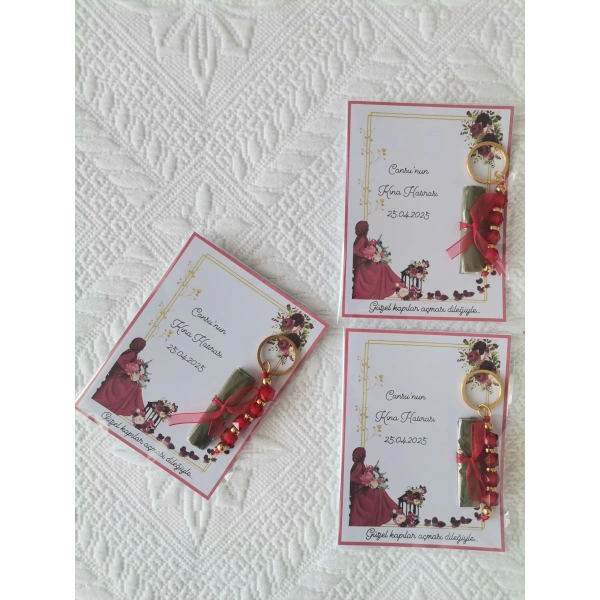 100 Adet Kişiye Özel Kına Hatırası Kırmızı Anahtarlık ve Paketlenmiş Kına Dağıtmalık Hediyelik