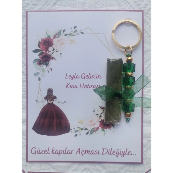 48 Adet Kişiye Özel Kına Hatırası Yeşil Anahtarlık ve Paketlenmiş Kına Dağıtmalık Hediyelik