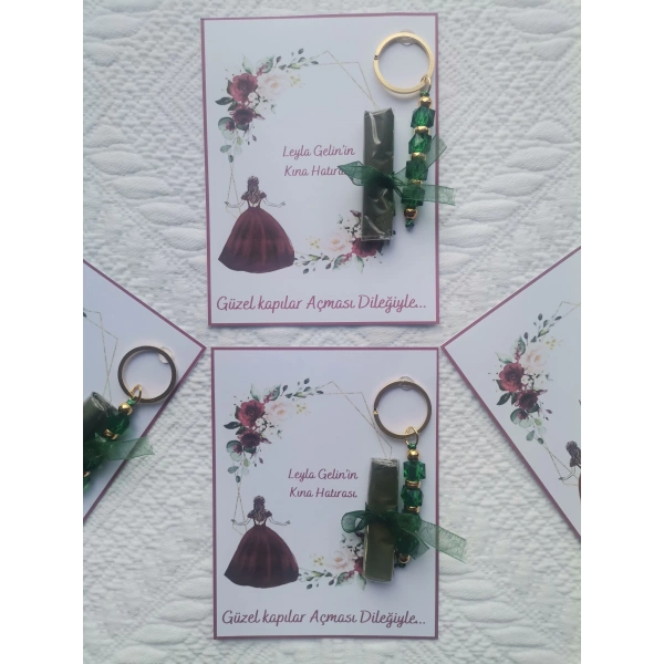 48 Adet Kişiye Özel Kına Hatırası Yeşil Anahtarlık ve Paketlenmiş Kına Dağıtmalık Hediyelik