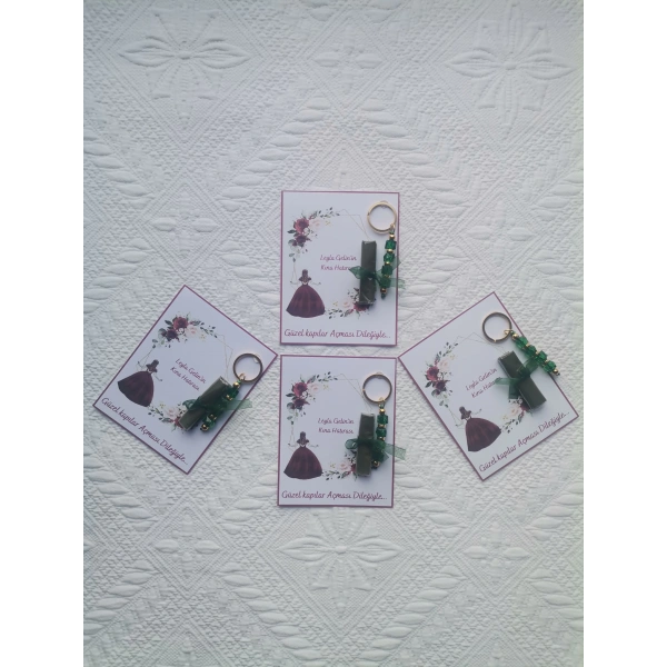 48 Adet Kişiye Özel Kına Hatırası Yeşil Anahtarlık ve Paketlenmiş Kına Dağıtmalık Hediyelik