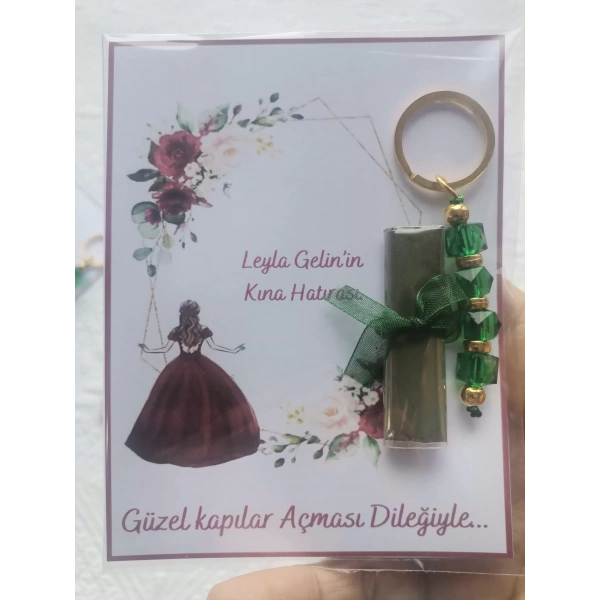 48 Adet Kişiye Özel Kına Hatırası Yeşil Anahtarlık ve Paketlenmiş Kına Dağıtmalık Hediyelik