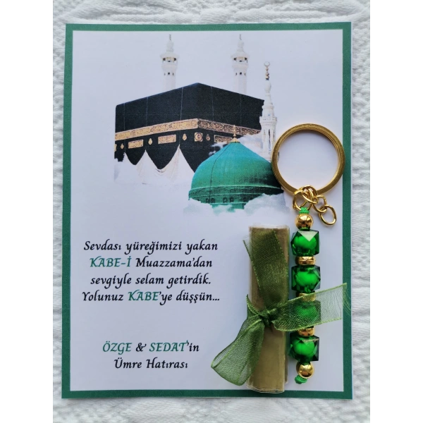 100 Adet Kişiye Özel Tasarım Hac Umre Mevlid Hatırası Dağıtmalık Hediyelik Yeşil Anahtarlık ve Kına