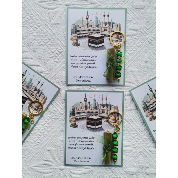100 Adet Kişiye Özel Tasarım Hac Umre Mevlid Hatırası Dağıtmalık Hediyelik Yeşil Anahtarlık ve Kına