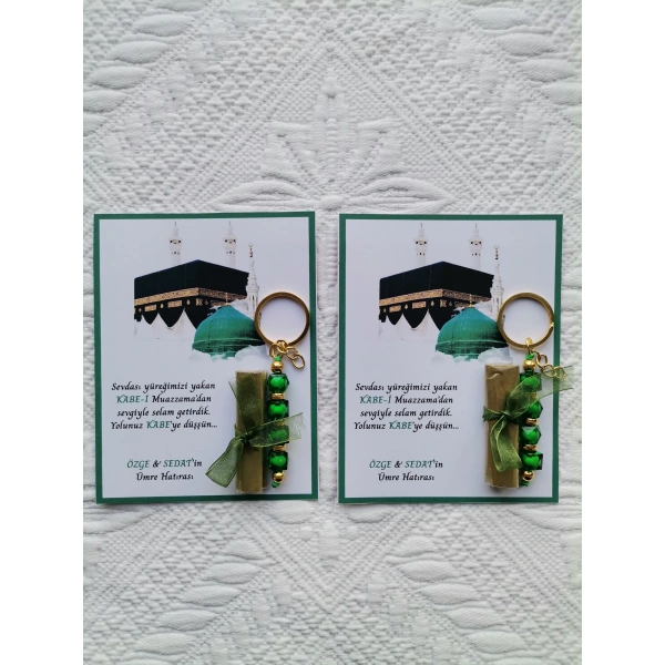 100 Adet Kişiye Özel Tasarım Hac Umre Mevlid Hatırası Dağıtmalık Hediyelik Yeşil Anahtarlık ve Kına