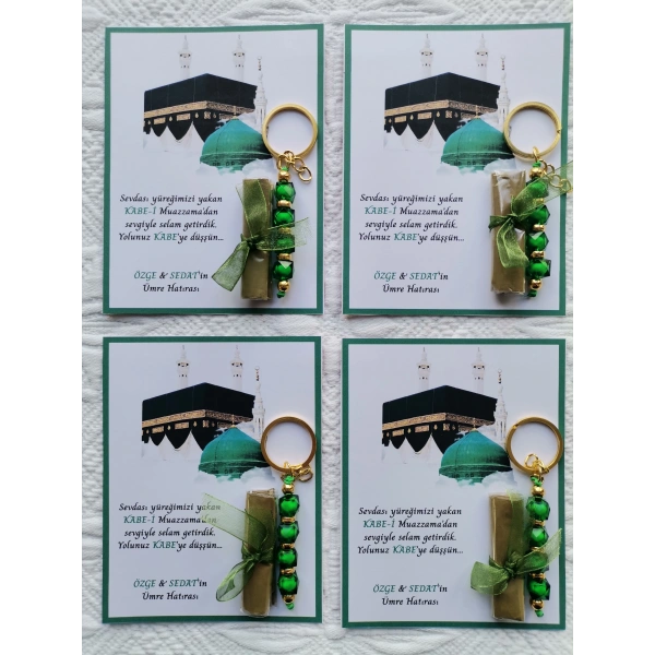 100 Adet Kişiye Özel Tasarım Hac Umre Mevlid Hatırası Dağıtmalık Hediyelik Yeşil Anahtarlık ve Kına