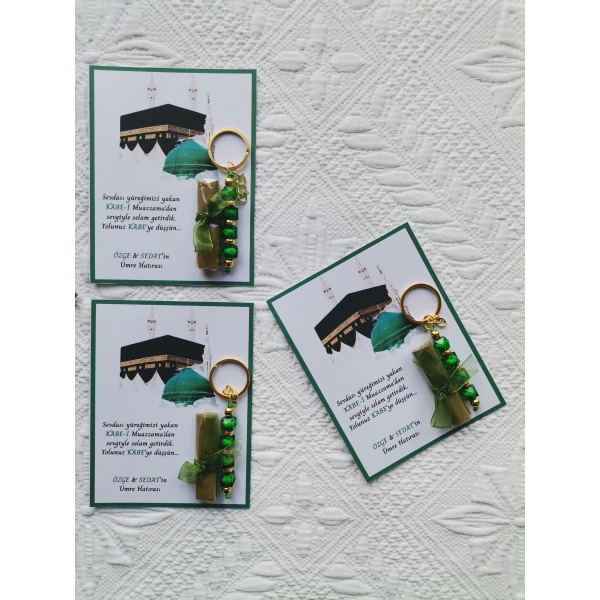 100 Adet Kişiye Özel Tasarım Hac Umre Mevlid Hatırası Dağıtmalık Hediyelik Yeşil Anahtarlık ve Kına