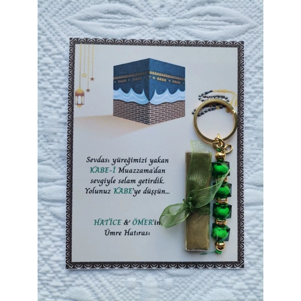 100 Adet Kişiye Özel Tasarım Hac Umre Mevlid Hatırası Dağıtmalık Hediyelik Yeşil Anahtarlık ve Kına