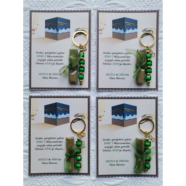 100 Adet Kişiye Özel Tasarım Hac Umre Mevlid Hatırası Dağıtmalık Hediyelik Yeşil Anahtarlık ve Kına