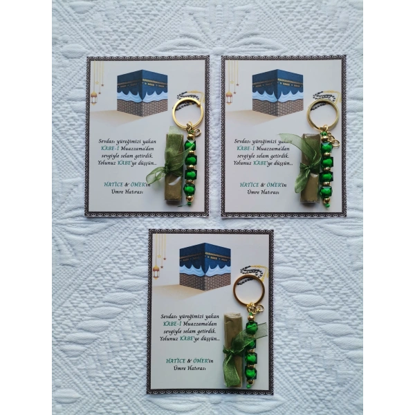 100 Adet Kişiye Özel Tasarım Hac Umre Mevlid Hatırası Dağıtmalık Hediyelik Yeşil Anahtarlık ve Kına
