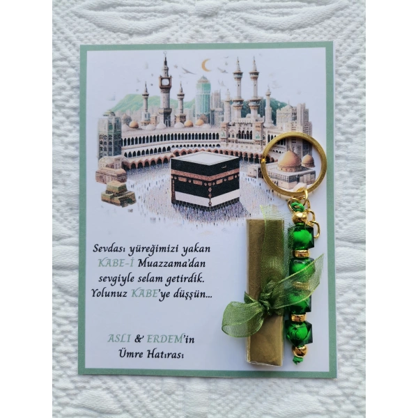 100 Adet Kişiye Özel Tasarım Hac Umre Mevlid Hatırası Dağıtmalık Hediyelik Yeşil Anahtarlık ve Kına
