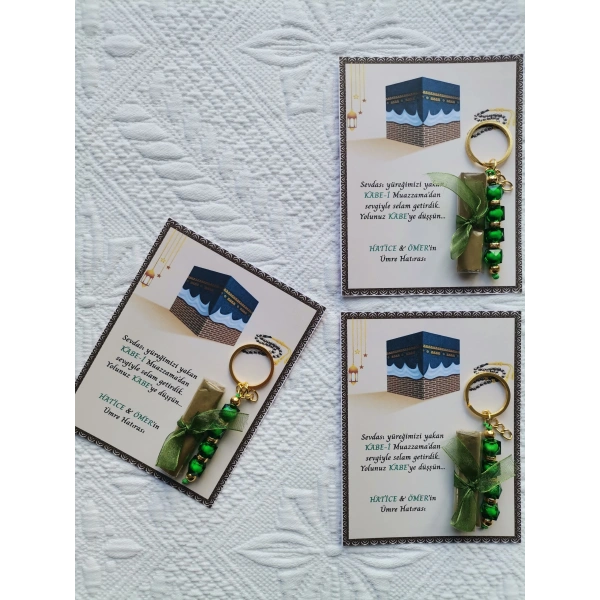 100 Adet Kişiye Özel Tasarım Hac Umre Mevlid Hatırası Dağıtmalık Hediyelik Yeşil Anahtarlık ve Kına