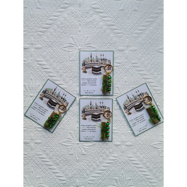 100 Adet Kişiye Özel Tasarım Hac Umre Mevlid Hatırası Dağıtmalık Hediyelik Yeşil Anahtarlık ve Kına