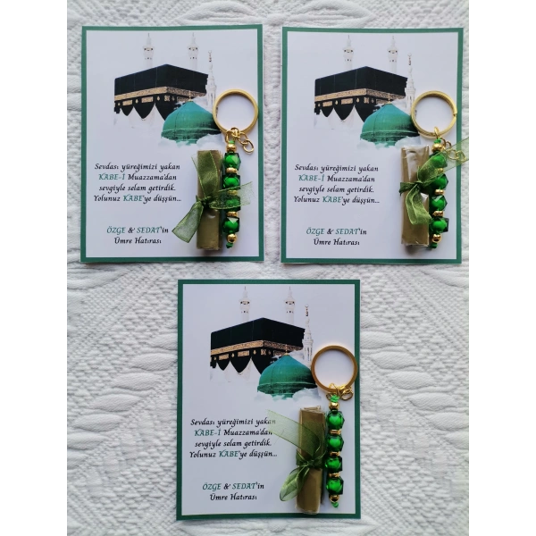 100 Adet Kişiye Özel Tasarım Hac Umre Mevlid Hatırası Dağıtmalık Hediyelik Yeşil Anahtarlık ve Kına