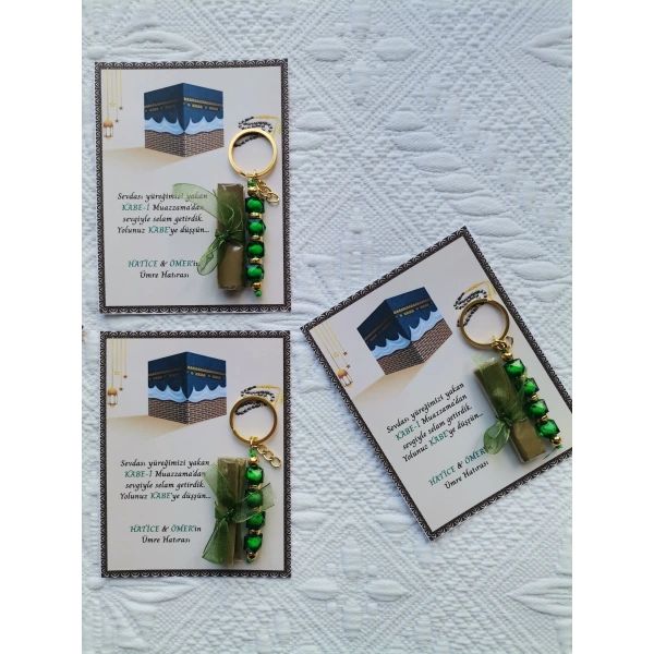 100 Adet Kişiye Özel Tasarım Hac Umre Mevlid Hatırası Dağıtmalık Hediyelik Yeşil Anahtarlık ve Kına
