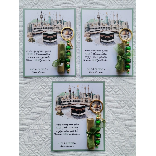 100 Adet Kişiye Özel Tasarım Hac Umre Mevlid Hatırası Dağıtmalık Hediyelik Yeşil Anahtarlık ve Kına